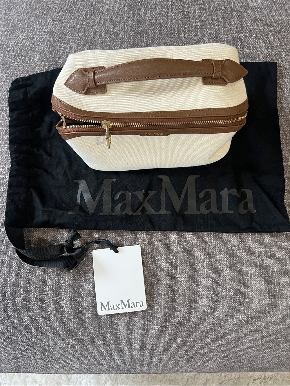 MaxMara Cream and Brown Canvas Toiletry Case with Leather Trim